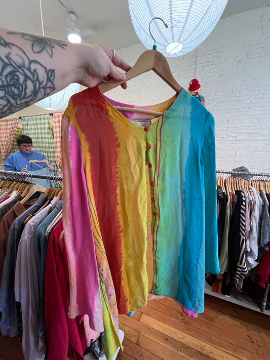size XL rainbow SILK VINTAGE Diane Gilman Collection top - button up
