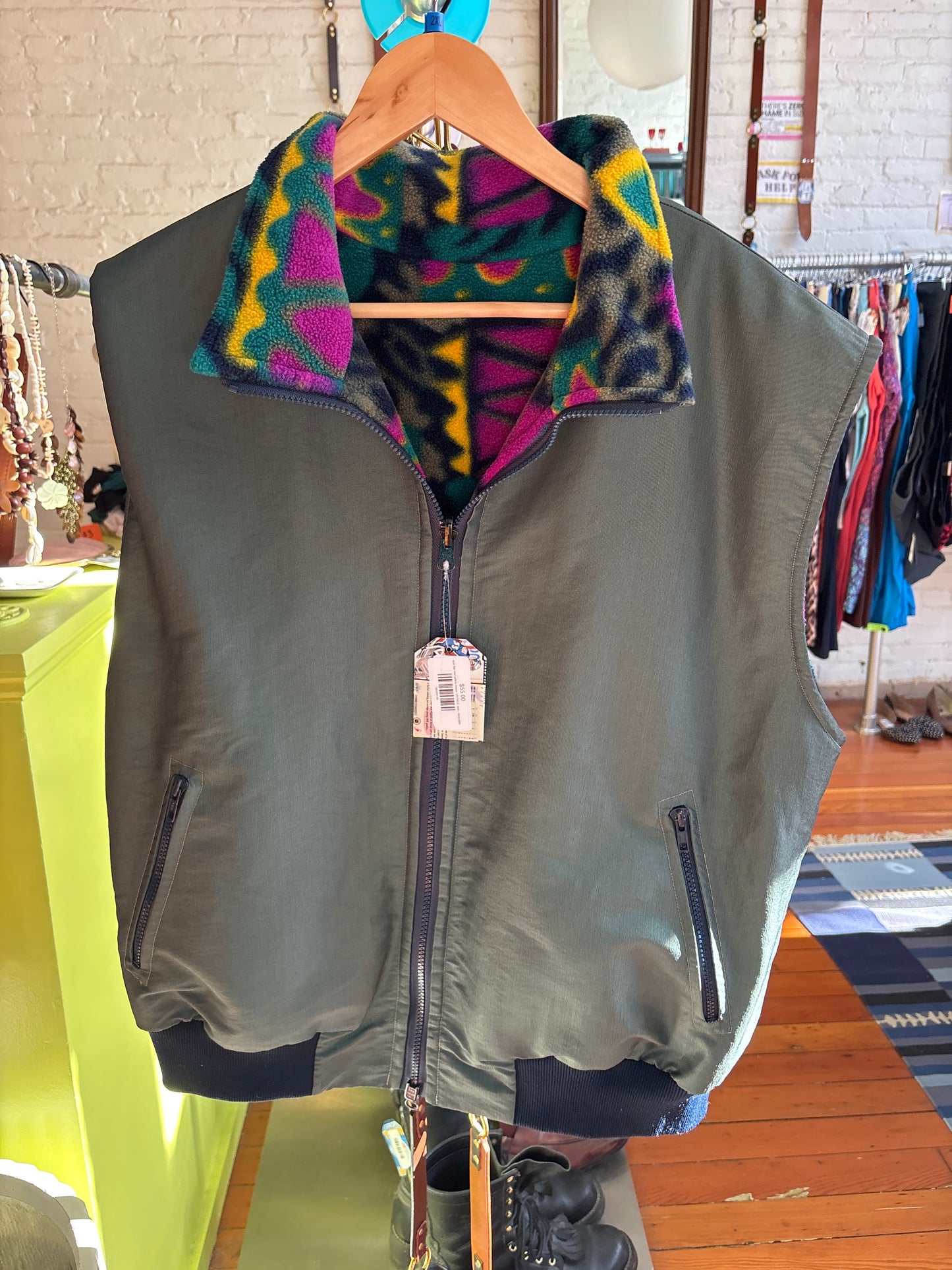 size flex teal yellow fleece VINTAGE vest - reversible