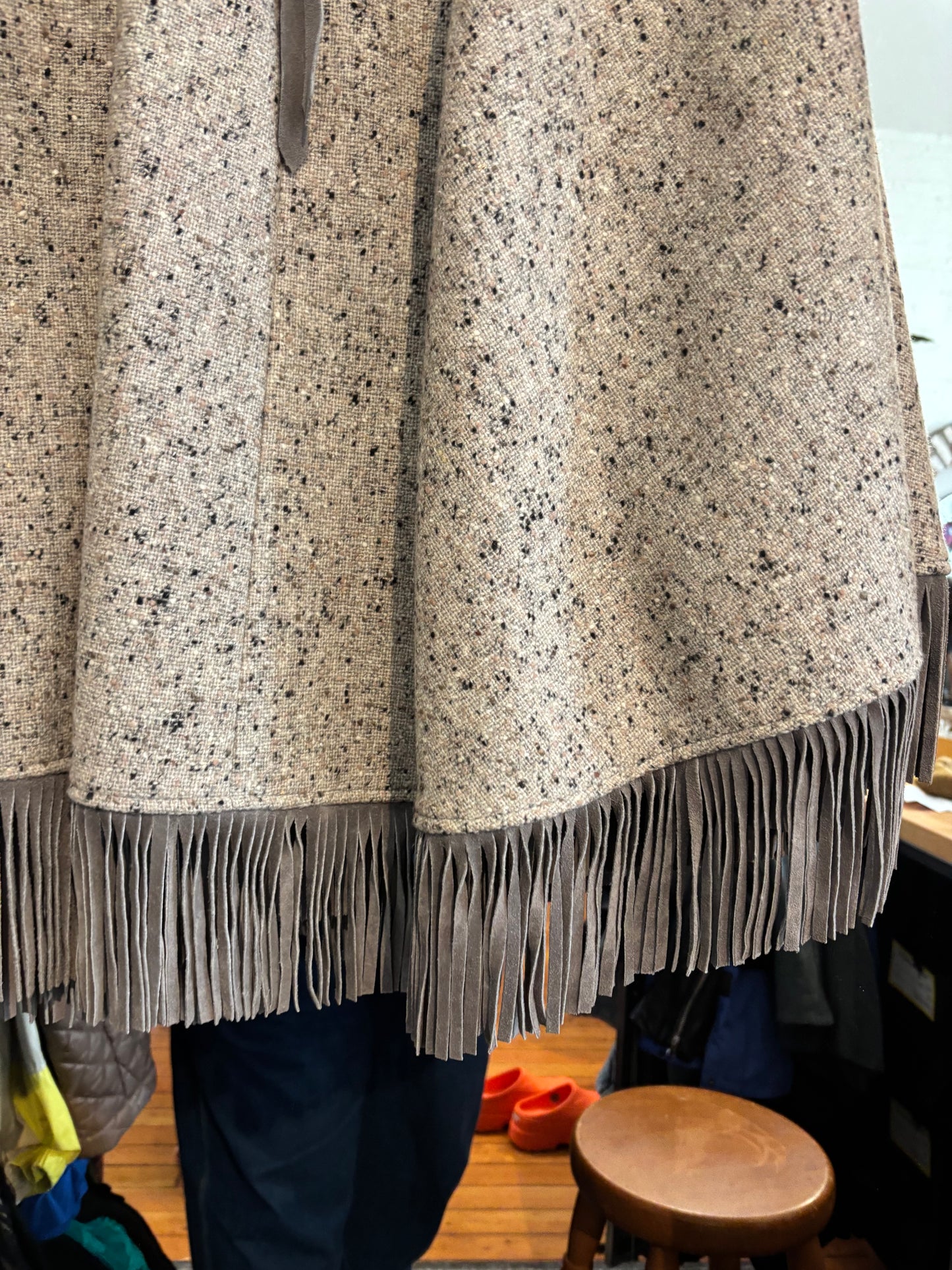 flex size grey speck with suede tassle Pioneer Wear vintage poncho cape