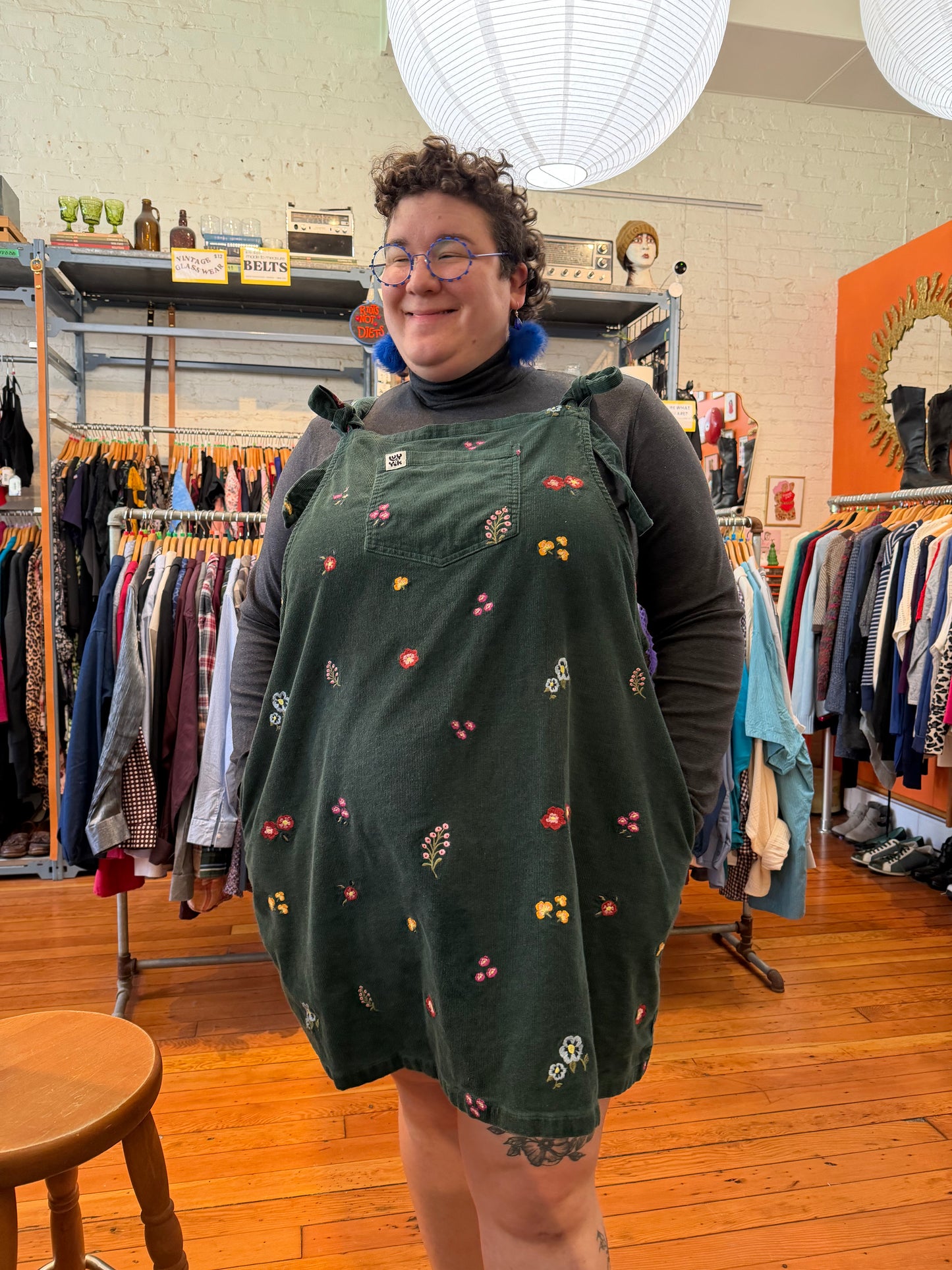 size 26 green cord flower embroidered Lucy & Yak pinafore