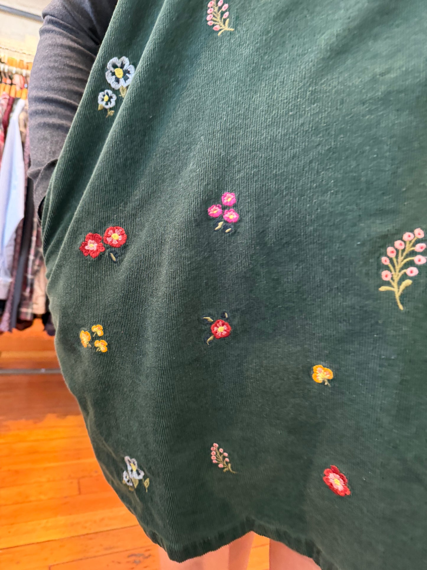 size 26 green cord flower embroidered Lucy & Yak pinafore