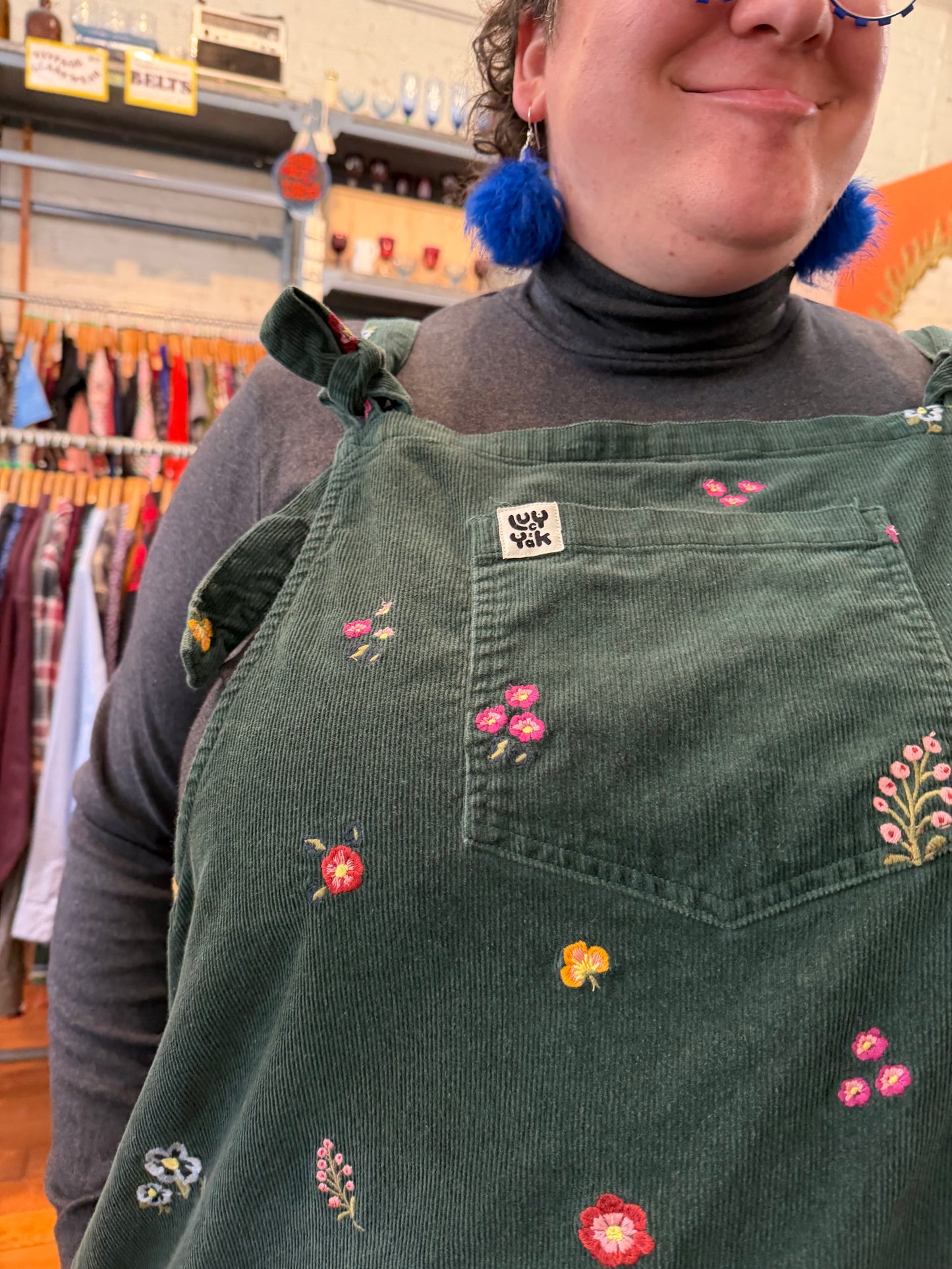 size 26 green cord flower embroidered Lucy & Yak pinafore