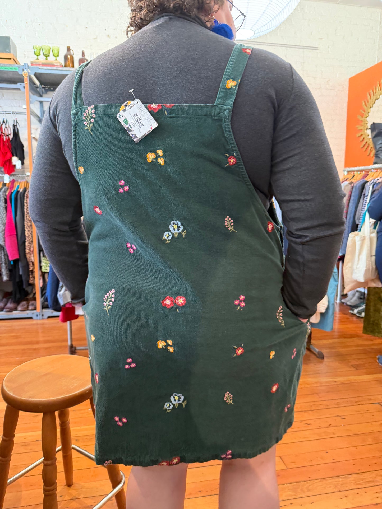 size 26 green cord flower embroidered Lucy & Yak pinafore