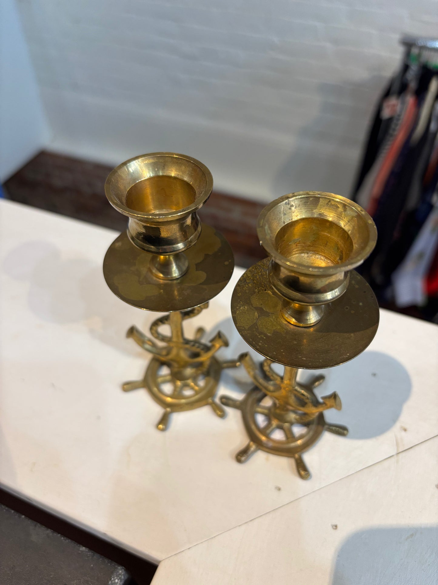 Vintage brass anchor candle holders